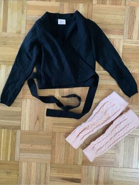 Child Dancewear Bundle Size S/M Black Wrap Sweater & Cable Knit Leg Warmers